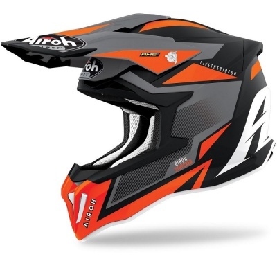 Capacete de motocross cinza, laranja, preto e branco com design geométrico da marca Airoh