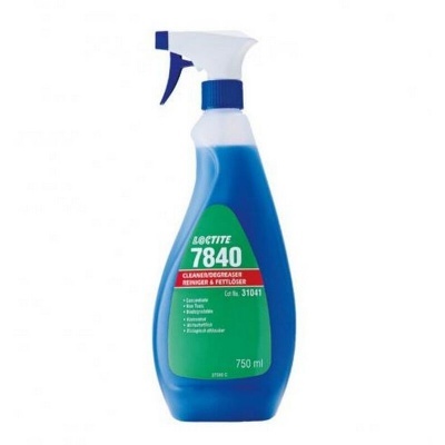 Frasco de spray Loctite 7840 azul e branco com rótulo verde