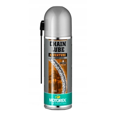 Spray lubrificante Motorex Chain Lube Adventure para correntes com rótulo laranja e verde