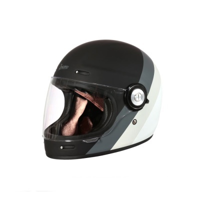 Capacete integral de motociclista preto com visor transparente e interior almofadado castanho rosado