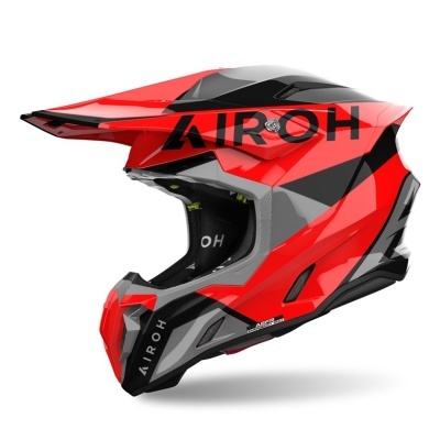 Capacete de motocross vermelho, preto e cinza com texto AIROH