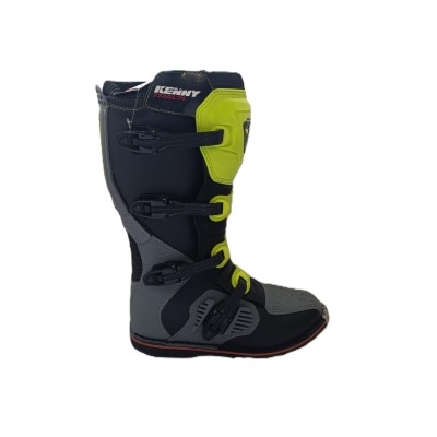 Bota de motocross preto, cinza e amarelo neon com fivelas e texto KENNY TRACK