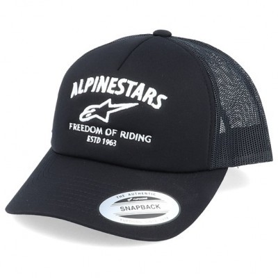 Boné preto com texto branco ALPINESTARS e parte traseira em rede