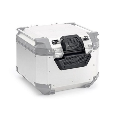 Caixa metálica prateada com fecho preto e cantos cinzentos reforçados.