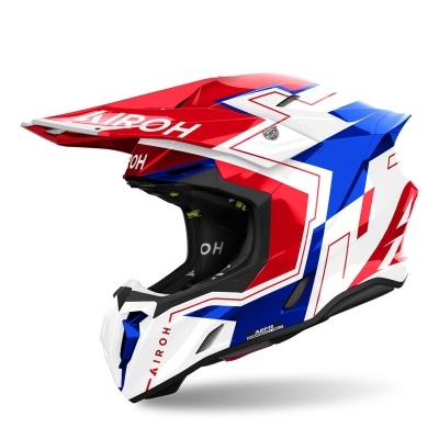 Capacete integral de motocross vermelho, branco e azul com texto AIROH