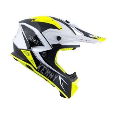 Capacete de motocross branco, preto e amarelo com detalhes gráficos