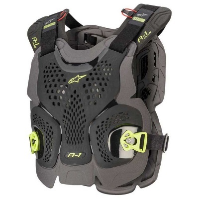 Peitoral protetor Alpinestars A-1 preto, cinza e amarelo com tiras ajustáveis e ventilação