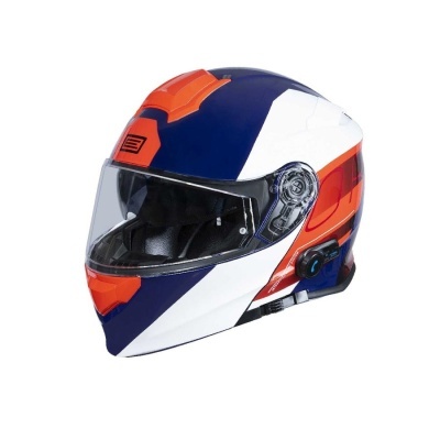Capacete integral azul, branco e laranja com visor transparente