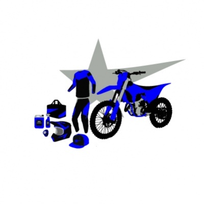 Moto de motocross azul com equipamento de proteção e acessórios sobre fundo branco
