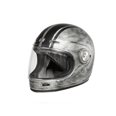 Capacete integral cinzento com riscas pretas e visor transparente