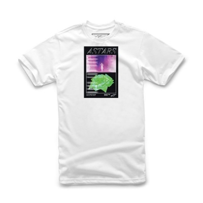 Camiseta branca com estampado colorido e textos A.STARS.