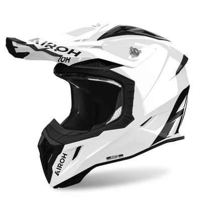 capacete de motocross branco com detalhes pretos e texto AIROH