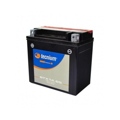 Bateria Tecnium BTX14-BS preta para motos com etiqueta azul e cinza