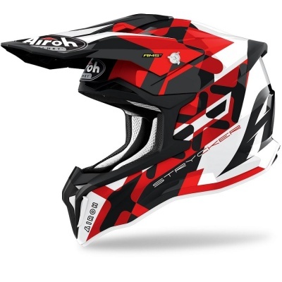 Capacete integral para motocross Airoh vermelho, preto e branco com padrões geométricos