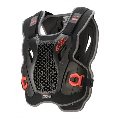 Colete protector motorizado Alpinestars preto com detalhes vermelhos e padrão sequestra