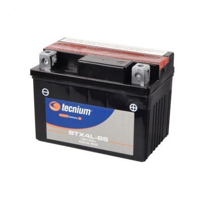 Bateria de moto preta Tecnium modelo BTX4L-BS com etiquetas coloridas e terminais metálicos