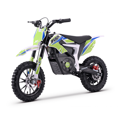 Motocross elétrica infantil verde, branca e preta com pneus de borracha e detalhes em azul e vermelho