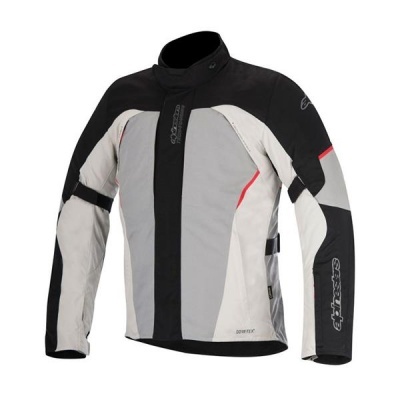 Casaco de motociclista preto, cinzento e branco com detalhes vermelhos e texto ALPINESTARS