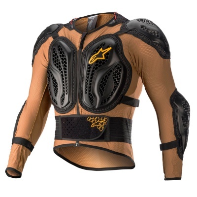 Casaco de proteção para moto bege com proteções pretas e logo amarelo Alpinestars