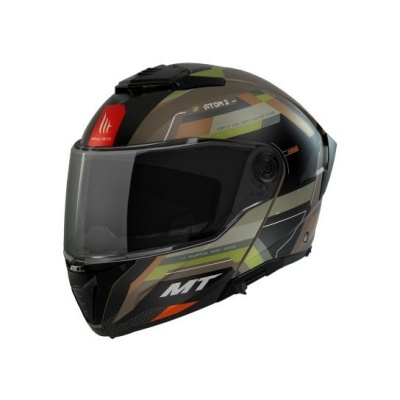 Capacete integral para motocicleta multicor com viseira transparente e detalhes em laranja e verde