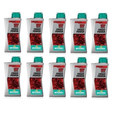 Dez frascos de óleo Motorex 2T Cross Power com tampa verde e rótulo cinza e vermelho