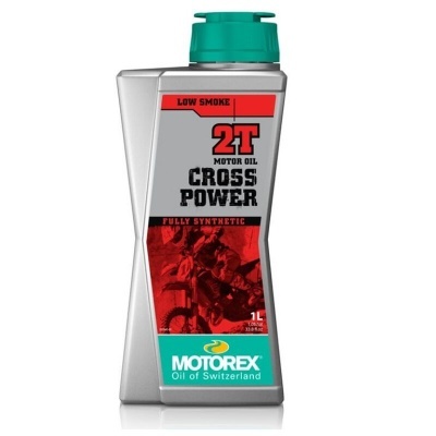 Frasco de óleo para motor 2 tempos MOTOREX, 1 litro, rótulo vermelho e cinza com detalhes em verde.