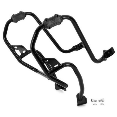 Estrutura metálica preta para suporte de motos com parafusos