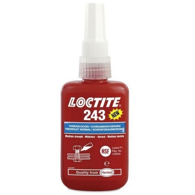 Frasco vermelho de cola Loctite 243 com tampa branca e rótulo informativo