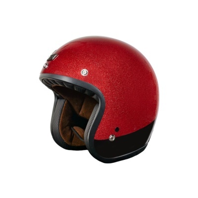 Capacete de motocicleta vermelho brilhante e preto com interior castanho acolchoado