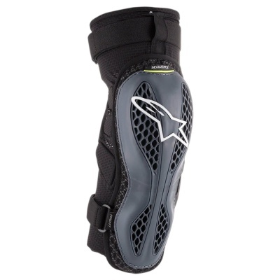 Protector para joelho preto com reforço cinzento ventilado e logotipo branco