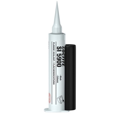 Frasco branco de selante Loctite SI 5900 preto com bico aplicador e tampa preta ao lado