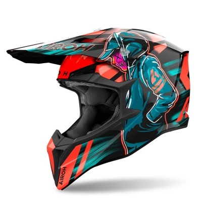 Capacete de motocross preto, vermelho e turquesa com design gráfico e texto AIROH