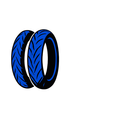 Dois pneus ilustrados em azul e preto com fundo branco