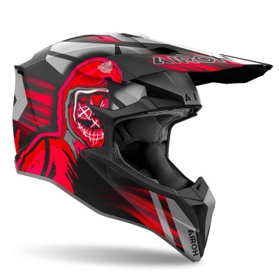 Capacete motocross preto, vermelho e cinza com gráfico e texto AIROH