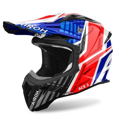 Capacete integral motocross azul, vermelho, branco e preto com texto AIROH e ACE 2