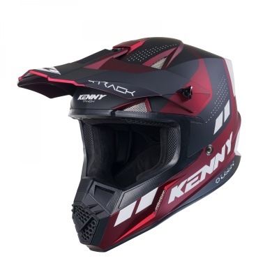 Capacete motocross vermelho, preto e cinza com logótipos 'KENNY' e 'TRACK'.