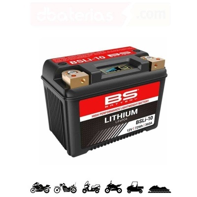 Bateria BS Battery de lítio LiFePO4 preta e vermelha com etiqueta e bornes metálicos