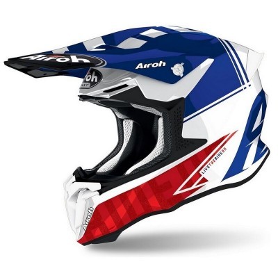 Capacete motocross azul branco vermelho marca Airoh Livestreamer.
