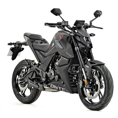 Motocicleta desportiva preta com detalhes em vermelho e cinzento