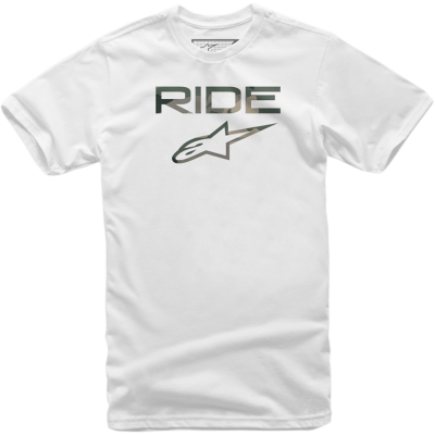 Camiseta branca com estampa cinza com a palavra RIDE e logotipo