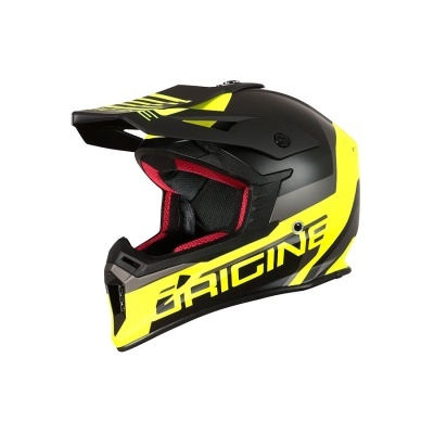 Capacete integral preto e amarelo com interior vermelho e escrita BRIGINE