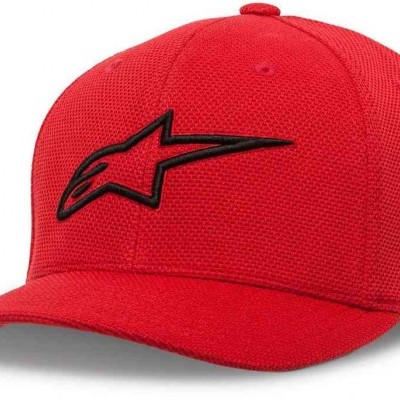 Boné vermelho com logotipo preto bordado e visor curvo