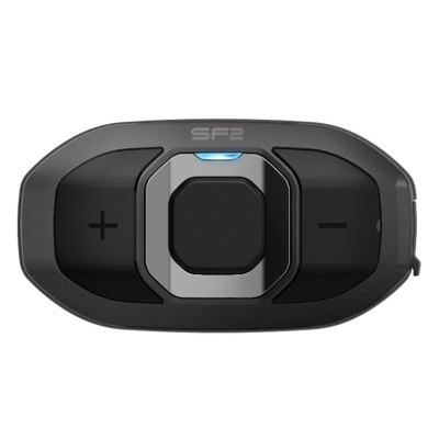 Comando remoto preto com botões + e - e botão central cinza com luz azul