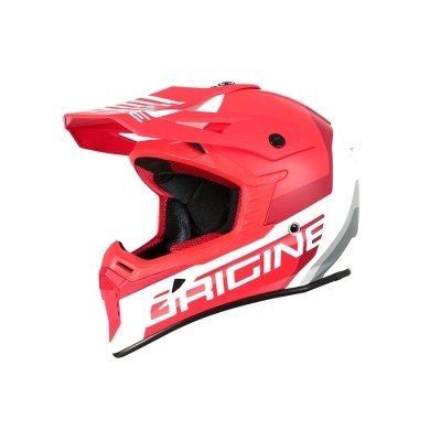 Capacete integral vermelho, branco e preto com a palavra ORIGINE