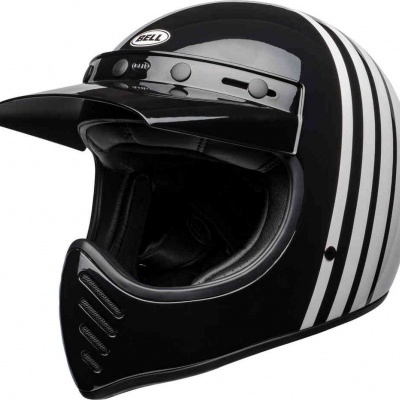 Capacete motard preto com riscas brancas e viseira preta da marca BELL