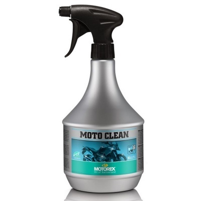 Frasco de spray prateado com rótulo MOTO CLEAN e pulverizador preto