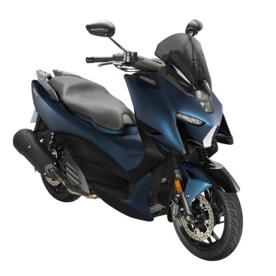scooter azul escuro com assento cinzento e preto