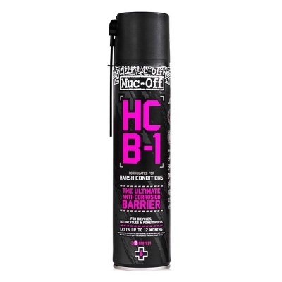 Spray Muc-Off HC B-1 preto com texto rosa e branco para proteção anti-corrosão