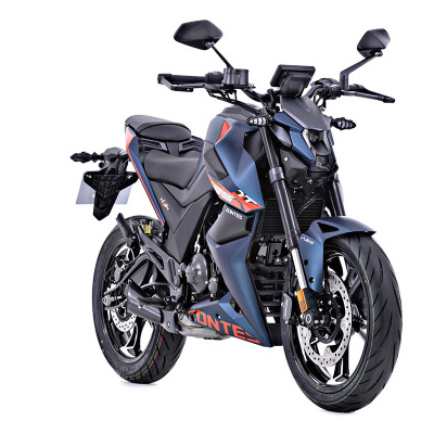 Motocicleta preta e azul fosco com detalhes vermelhos e texto ZONTES DT 125