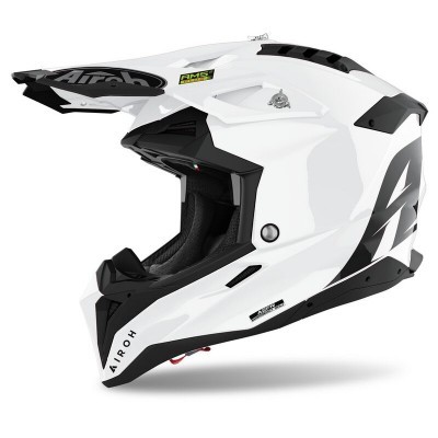 Capacete de motocross branco e preto com visor e inscrições AIROH.